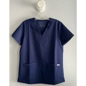 FIGS Technical Collection Scrub Top Women Navy Stretch 2 Pocket V Neck Sz Small